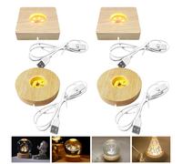Nizirioo Lot de 4 socles LED en bois - 3 couleurs réglables - Socle LED avec USB - Carré et rond - Pour affichage de bureau - Plaque acrylique - Plaque en verre cristal