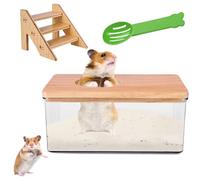 Nizirioo Salle de bain de sable transparente pour hamsters, hamsters, avec échelle, couvercle en bois naturel et pelle, boîte de baignoire pour hamster, salle de bain pour hamster (carré)
