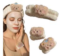 NJCXOLA 3 pcs Bandeau pour le Lavage du Visage Set, Poignets éponge doux en Tissu éponge pour le Maquillage et Les Soins de la Peau Bandeau Antidérapant, Serre tete maquillage - Ours