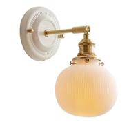 NJFTVEEFI French Country Brass White Ribbed Glass Wall Sconce | Nordic Ceramic Shade d Wall Mounted Lamp | Indoor Bedroom Wall Lighting for Bedside Living Room Dining Room Hallway(Ball)