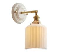NJFTVEEFI French Country Brass White Ribbed Glass Wall Sconce | Nordic Ceramic Shade d Wall Mounted Lamp | Indoor Bedroom Wall Lighting for Bedside Living Room Dining Room Hallway(Cylinder)