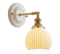 NJFTVEEFI French Country Brass White Ribbed Glass Wall Sconce | Nordic Ceramic Shade d Wall Mounted Lamp | Indoor Bedroom Wall Lighting for Bedside Living Room Dining Room Hallway(Dome)