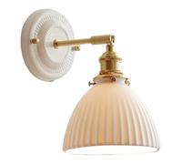NJFTVEEFI French Country Brass White Ribbed Glass Wall Sconce | Nordic Ceramic Shade d Wall Mounted Lamp | Indoor Bedroom Wall Lighting for Bedside Living Room Dining Room Hallway(Funnel)