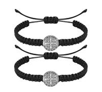 NJIEzhao Bracelet en Corde Tressée Bracelets avec médaille catholique de Saint benoît, 2 pièces, réglables, chaîne noire et rouge, bijoux religieux, cadeaux for hommes femmes(Black String)