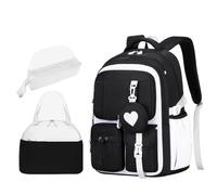NJIEzhao Sac d'école à Motif d'amour, Sac Dos, Trousse Crayons, déjeuner, Ensemble de Trois pièces en Tissu Nylon imperméable Genérico Juego de 3 mochilas(White Set)