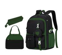 NJIEzhao Sac d'école à Motif d'amour, Sac Dos, Trousse Crayons, déjeuner, Ensemble de Trois pièces en Tissu Nylon imperméable Genérico Juego de 3 mochilas(Green Set)