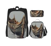 njkhbolk Ensemble sac à dos 3 en 1 avec sac à déjeuner et trousse à crayons Motif bateaux vikings, noir, One Size