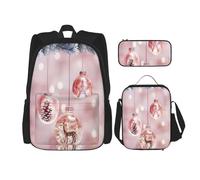 njkhbolk Ensemble sac à dos 3 en 1 avec sac à déjeuner et trousse à crayons - Motif boule de Noël rose, noir, One Size