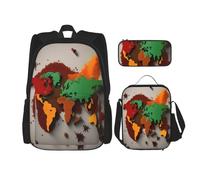 njkhbolk Ensemble sac à dos 3 en 1 avec sac à déjeuner et trousse à crayons Motif carte du monde en épices Idéal pour le travail, les pique-niques, les voyages, noir, One Size