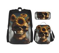 njkhbolk Ensemble sac à dos 3 en 1 avec sac à déjeuner et trousse à crayons Motif tournesol Halloween Crâne, noir, One Size
