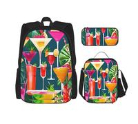 njkhbolk Ensemble sac à dos 3 en 1 imprimé cocktail tropical avec sac à déjeuner et trousse à crayons, adapté au travail, pique-nique, voyage, noir, One Size