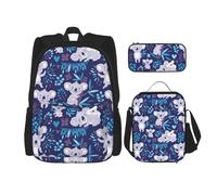 njkhbolk Ensemble sac à dos 3 en 1 imprimé koala avec sac à déjeuner et trousse à crayons, idéal pour le travail, les pique-niques, les voyages, noir, One Size
