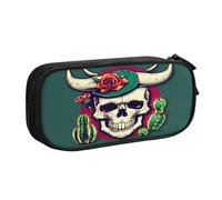 njkhbolk Trousse à crayons portable avec imprimé tête de mort de taureau et cactus mignon, grande capacité double couche avec fermeture éclair