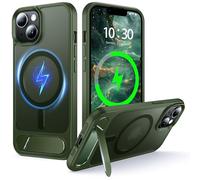 NJROW Magnétique Coque pour iPhone 14 Plus [Support & Chargement sans Fil 2en1] [Flat Béquille Dissimulée] [Militaire Antichoc] Silicone Souple Mat Translucide Case Mince, Vert