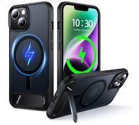 NJROW Magnétique Coque pour iPhone 14 Plus [Support & Chargement sans Fil 2en1] [Flat Béquille Dissimulée] [Militaire Antichoc] Silicone Souple Mat Translucide Case Mince, Noir