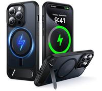 NJROW Magnétique Coque pour iPhone 15 Pro [Support & Chargement sans Fil 2en1] [Flat Béquille Dissimulée] [Militaire Antichoc] Silicone Souple Mat Translucide Case Mince, Noir