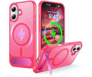 NJROW Magnétique Coque pour iPhone 16 Plus [Support & Chargement sans Fil 2en1] [Flat Béquille Dissimulée] [Militaire Antichoc] Silicone Souple Mat Translucide Case Mince, Rose