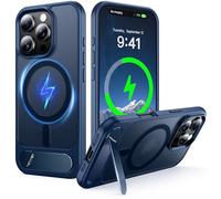 NJROW Magnétique Coque pour iPhone 16 Pro [Support & Chargement sans Fil 2en1] [Flat Béquille Dissimulée] [Militaire Antichoc] Silicone Souple Mat Translucide Case Mince, Bleu