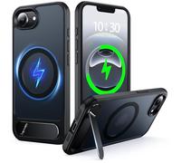 NJROW Magnétique Coque pour iPhone 16e/17e [Support & Chargement sans Fil 2en1] [Flat Béquille Dissimulée] [Militaire Antichoc] Silicone Souple Mat Translucide Case Mince, Noir