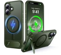 NJROW Support magnétique pour iPhone 16 Plus compatible avec MagSafe [Support et chargement sans fil 2 en 1] [béquille cachée à encastrer] [Résistant aux chocs] Silicone fin translucide mat, vert