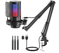 njsj USB Micro Gaming kit, RGB Microphone Condensateur pour PC PS5, avec Bouton de Silence, Fixation Antichoc, Support Trépied, Filtre Anti-Pop, pour Streaming Podcasts (Noir-avec Bras de bôme)