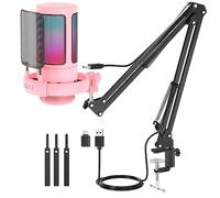 njsj USB Micro Gaming kit, RGB Microphone Condensateur pour PC PS5, avec Bouton de Silence, Fixation Antichoc, Support Trépied, Filtre Anti-Pop, pour Streaming Podcasts (Rose-avec Bras de bôme)