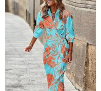 NJUDE Robe de soirée élégante imprimée à manches longues et col rabattable pour femme