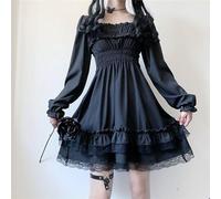 NJUDE Robe Harajuku gothique à col carré en dentelle à volants - Robe Lolita noire Y2k - Robe de fête à manches longues