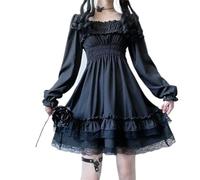 NJUDE Robe Harajuku gothique à col carré en dentelle à volants - Robe Lolita noire Y2k - Robe de fête à manches longues