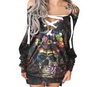 NJUDE Robe vintage avec imprimé tête de mort et rose, pour l'automne et l'hiver, à manches longues, à lacets, robe gothique pour femme