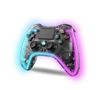 NK Manette pour PS4 / PC/Android - Manette sans fil avec 2-Shock, 6 axes, 2 boutons MACRO, 7 Modes de Lumière LED, Pavé Tactile, Prise Casque, Câble de Charge inclus - Noir Transparent