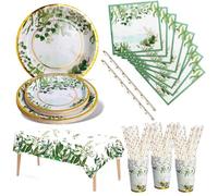 Nkaiso 121 Pcs Vert Sauge Fleur Vaisselle Anniversaire -24 invités | Vaisselle Party Inclut Assiette Carton Jetable, Gobelets, Serviettes, Couverts pour Fille Party, Mariages, Décorations Fête