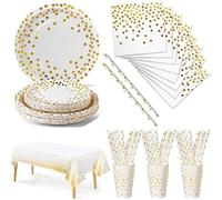 Nkaiso 126 Pcs Blanc Or Vaisselle Jetable Anniversaire -25 invités | Party Vaisselle Set Inclut Assiette Carton Gobelets Serviette pour Decoration Garcon Fille Mariage Baby Shower