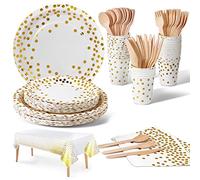 Nkaiso 141pcs Blanc Or Party Vaisselle,Kit Vaisselles Anniversaire Assiette Dîner Papier Tasse Serviette, Enfants Party Fête Mariages Baby Shower Noël, 20 invités
