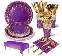 Nkaiso 141pcs Violet Or Party Vaisselle,Kit Vaisselles Anniversaire Assiette Dîner Papier Tasse Serviette Réutilisable couverts, Enfants Party Fête Mariages Baby Shower Noël, 20 invités