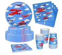 Nkaiso 96 Pcs Avion Vaisselle Jetable Anniversaire-24 invités | Bleu Vaisselles Anniversaire Inclut Assiettes Carton Gobelet Serviettes pour Garçon Fournitures de Fête, Party Decoration