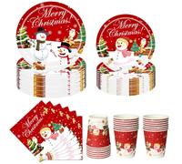 Nkaiso 96 Pièces Vaisselle en Papier de Noël, Jetable Ensemble Assiettes en Papier, Verres, Serviettes et Nappe à Motifs Festifs - Décoration de Fête Thématique Pour 24 Invités
