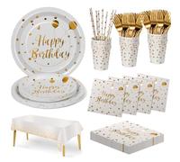 Nkaiso Anniversaire Party Vaisselle, 20 invités Blanc Or Kit Vaisselles Anniversaire Assiette Dîner Papier Tasse Serviette Réutilisable Couverts Décorations fête Enfants