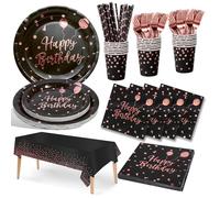 Nkaiso Anniversaire Party Vaisselle, 20 invités Noir et Rose Or Kit Vaisselles Anniversaire Assiette Dîner Papier Tasse Serviette Réutilisable Couverts Décorations fête Enfants