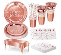 Nkaiso Anniversaire Party Vaisselle, 20 invités Or Rose Kit Vaisselles Anniversaire Assiette Dîner Papier Tasse Serviette Réutilisable Couverts Décorations fête Enfants