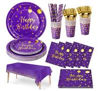 Nkaiso Anniversaire Party Vaisselle, 20 invités Violet Or Kit Vaisselles Anniversaire Assiette Dîner Papier Tasse Serviette Réutilisable Couverts Décorations fête Enfants