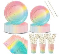 Nkaiso Anniversaire Vaisselle de fete 120 Pièces Arc en Ciel Or Party Assiette Anniversaire Set Comprendre Assiette Jetables Papier Tasses Serviettesr pour Party Decoration Baby Shower -24 Invités