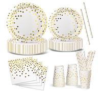 Nkaiso Anniversaire Vaisselle de fete 120 Pièces Blanc Or Party Assiette Anniversaire Set Comprendre Assiette Jetables Papier Tasses Serviettesr pour Party Decoration Baby Shower -24 Invités