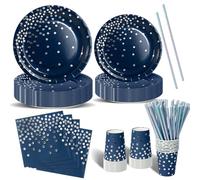 Nkaiso Anniversaire Vaisselle de fete 120 Pièces Bleumarine et Argent Party Assiette Anniversaire Set Comprendre Assiette Jetables Papier Tasses Serviettesr pour Party Decoration -24 Invités