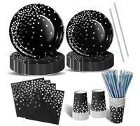 Nkaiso Anniversaire Vaisselle de fete 120 Pièces Noir et Argent Party Assiette Anniversaire Set Comprendre Assiette Jetables Papier Tasses Serviettesr pour Party Decoration Baby Shower -24 Invités