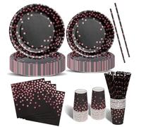 Nkaiso Anniversaire Vaisselle de fete 120 Pièces Noir et Rose Or Party Assiette Anniversaire Set Comprendre Assiette Jetables Papier Tasses Serviettesr pour Party Decoration Baby Shower -24 Invités