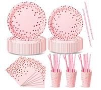 Nkaiso Anniversaire Vaisselle de fete 120 Pièces Pink et Rose Or Party Assiette Anniversaire Set Comprendre Assiette Jetables Papier Tasses Serviettesr pour Party Decoration Baby Shower -24 Invités