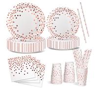Nkaiso Anniversaire Vaisselle de fete 120 Pièces Rose Or Party Assiette Anniversaire Set Comprendre Assiette Jetables Papier Tasses Serviettesr pour Party Decoration Baby Shower -24 Invités