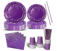 Nkaiso Anniversaire Vaisselle de fete 120 Pièces Violet et Argent Party Assiette Anniversaire Set Comprendre Assiette Jetables Papier Tasses Serviettesr pour Party Decoration Baby Shower -24 Invités