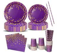 Nkaiso Anniversaire Vaisselle de fete 120 Pièces Violet et Or Party Assiette Anniversaire Set Comprendre Assiette Jetables Papier Tasses Serviettesr pour Party Decoration Baby Shower -24 Invités